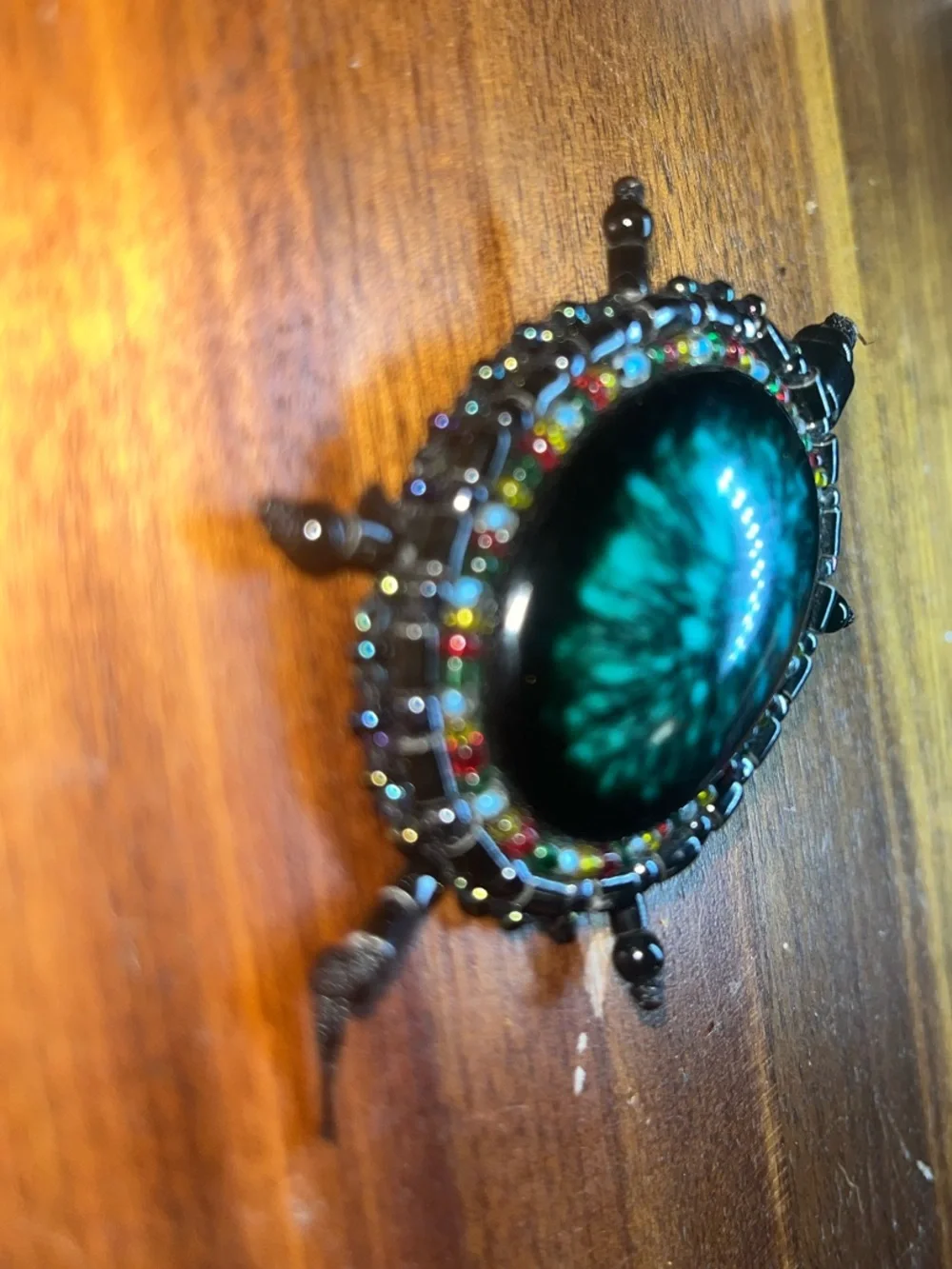 Handmade Teal Cabochon Turtle Beaded Brooch with Rainbow & Black Accents NEW